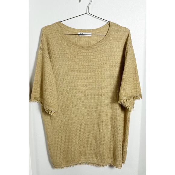 Zara Women's Gold Metallic Fringe Trim Tunic Top in Tan Camel sz L - Picture 3 of 8